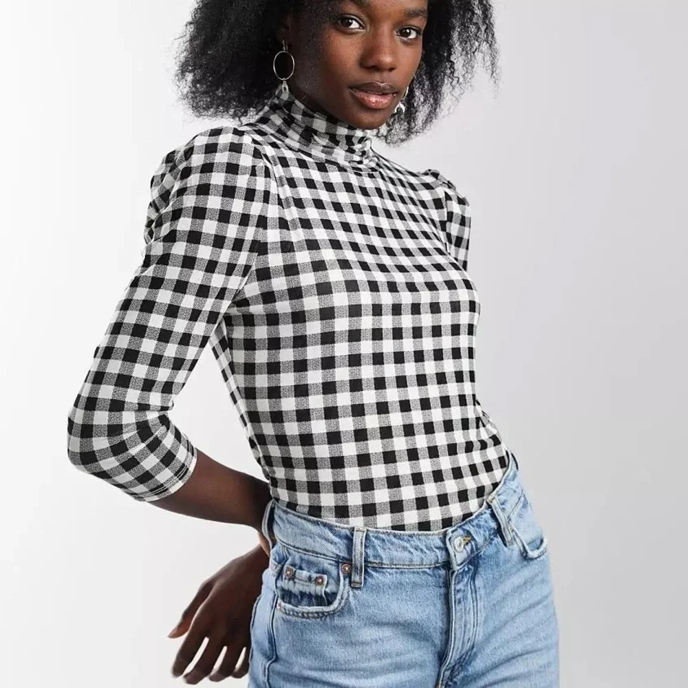 Free People Gather Turtleneck Top Black White Buffalo Plaid Size Large Mesh